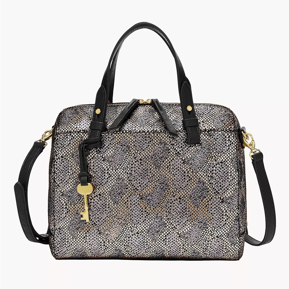 ☀️NEW Fossil Leather Rachel Satchel Gold Black Snake Print Bag